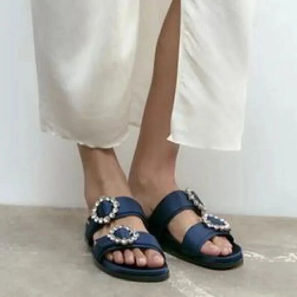 ZARA FLAT SLIDER SANDALS WITH RHINESTONE BUCKLES - Picture 3 of 8